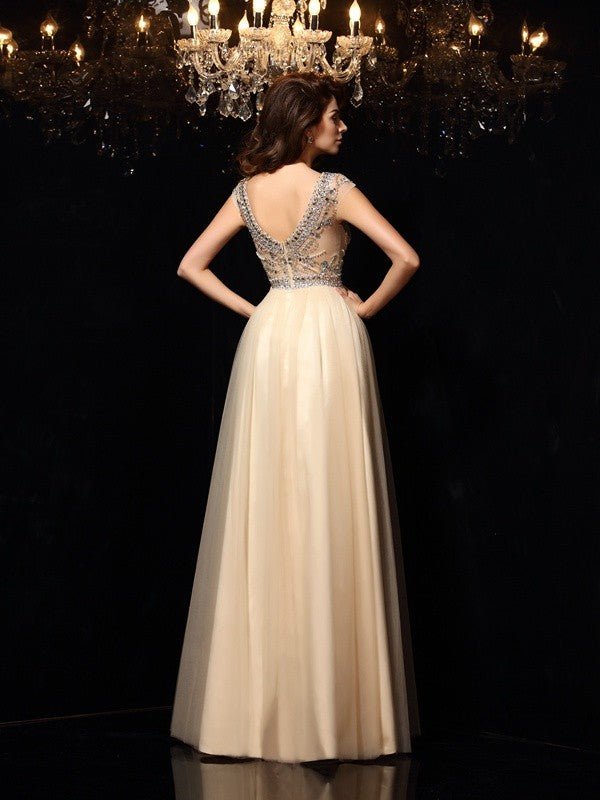 NumberSea - A - Line/Princess Scoop Beading Sleeveless Long Net Dresses