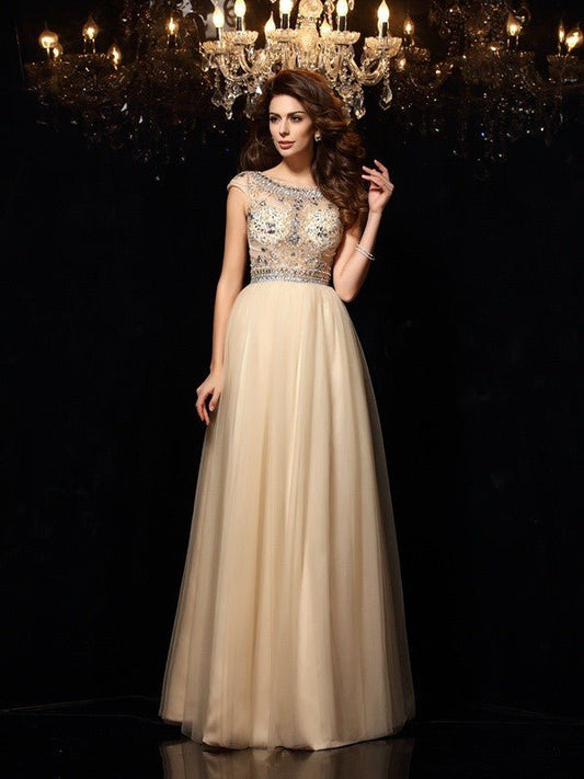 NumberSea - A - Line/Princess Scoop Beading Sleeveless Long Net Dresses