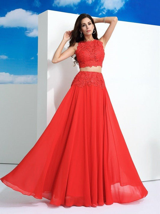 NumberSea - A - Line/Princess Scoop Lace Sleeveless Long Chiffon Two Piece Dresses