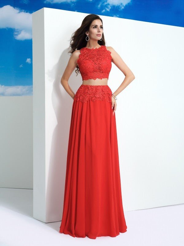 NumberSea - A - Line/Princess Scoop Lace Sleeveless Long Chiffon Two Piece Dresses