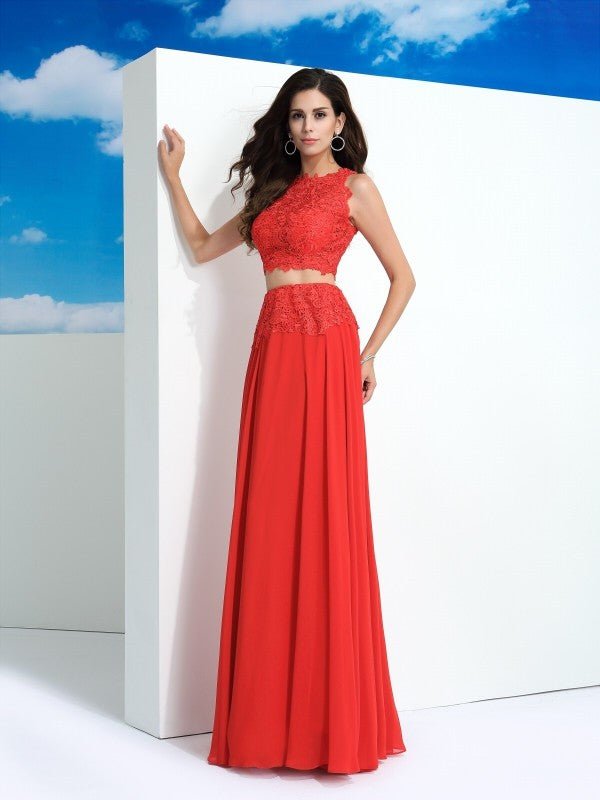 NumberSea - A - Line/Princess Scoop Lace Sleeveless Long Chiffon Two Piece Dresses