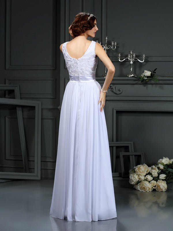 NumberSea - A - Line/Princess Scoop Lace Sleeveless Long Chiffon Wedding Dresses