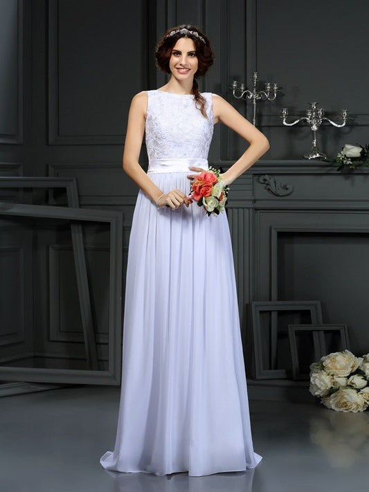 NumberSea - A - Line/Princess Scoop Lace Sleeveless Long Chiffon Wedding Dresses