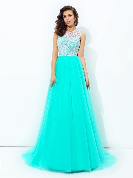 NumberSea - A - line/Princess Scoop Lace Sleeveless Long Net Dresses