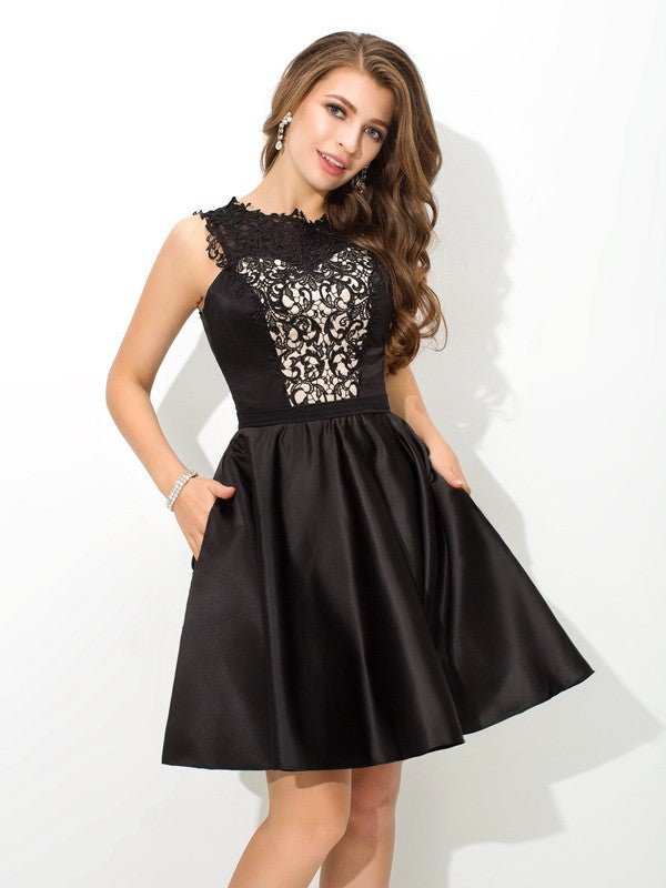 NumberSea - A - Line/Princess Scoop Lace Sleeveless Short Satin Cocktail Dresses