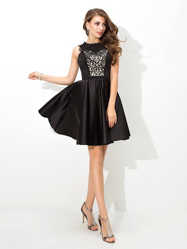 NumberSea - A - Line/Princess Scoop Lace Sleeveless Short Satin Cocktail Dresses