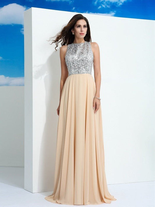 NumberSea - A - Line/Princess Scoop Paillette Sleeveless Long Chiffon Dresses