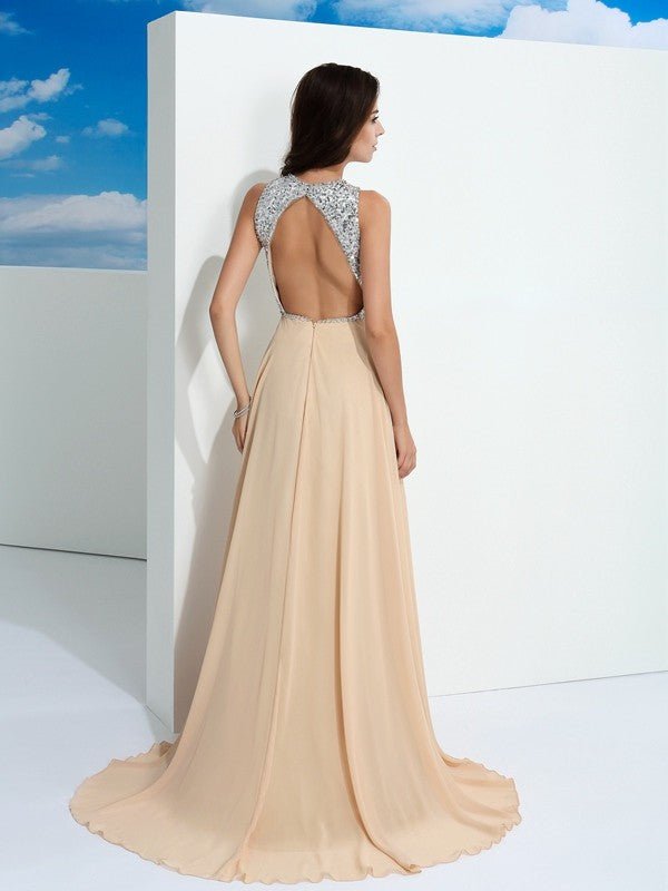 NumberSea - A - Line/Princess Scoop Paillette Sleeveless Long Chiffon Dresses