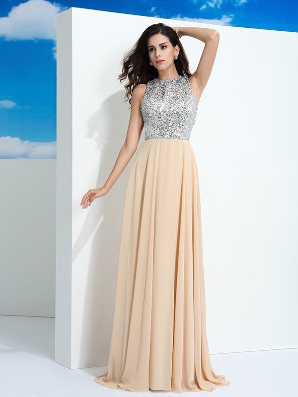 NumberSea - A - Line/Princess Scoop Paillette Sleeveless Long Chiffon Dresses