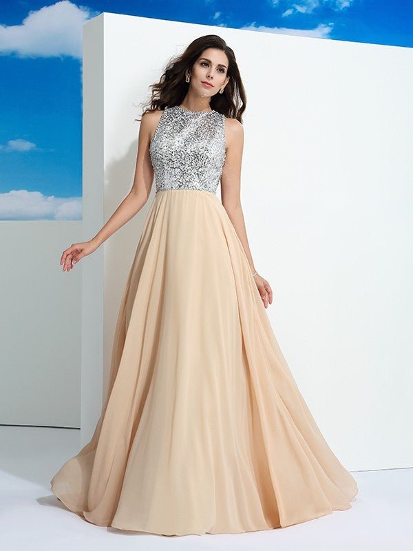 NumberSea - A - Line/Princess Scoop Paillette Sleeveless Long Chiffon Dresses