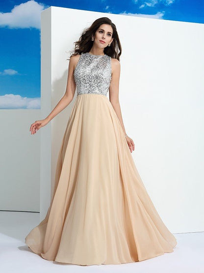 NumberSea - A - Line/Princess Scoop Paillette Sleeveless Long Chiffon Dresses