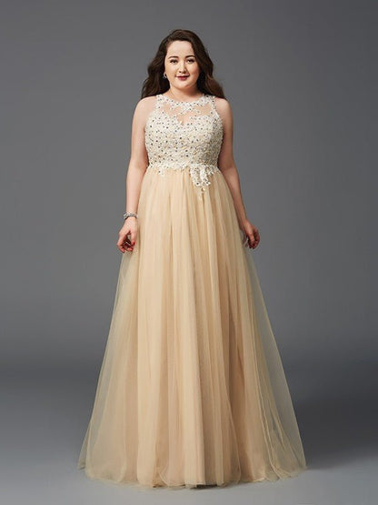 NumberSea - A - Line/Princess Scoop Rhinestone Sleeveless Long Net Plus Size Dresses