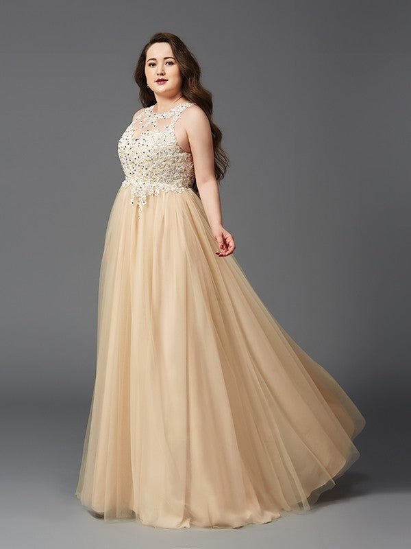 NumberSea - A - Line/Princess Scoop Rhinestone Sleeveless Long Net Plus Size Dresses