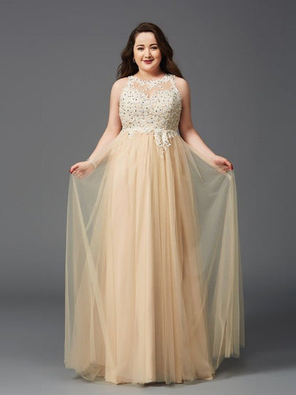 NumberSea - A - Line/Princess Scoop Rhinestone Sleeveless Long Net Plus Size Dresses