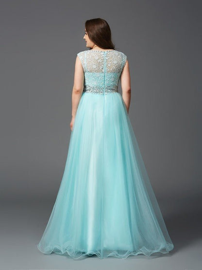 NumberSea - A - Line/Princess Scoop Rhinestone Sleeveless Long Tulle Plus Size Dresses