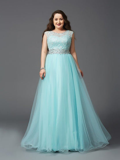 NumberSea - A - Line/Princess Scoop Rhinestone Sleeveless Long Tulle Plus Size Dresses