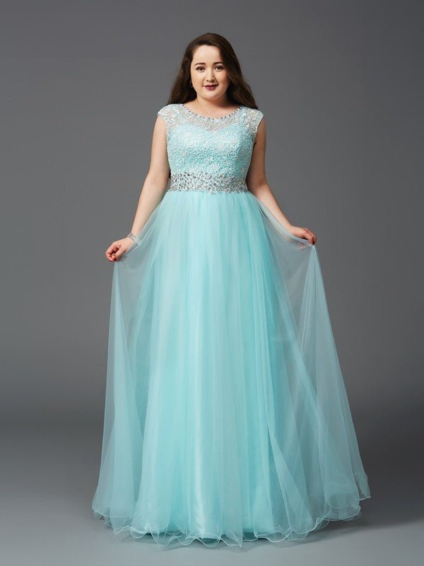 NumberSea - A - Line/Princess Scoop Rhinestone Sleeveless Long Tulle Plus Size Dresses