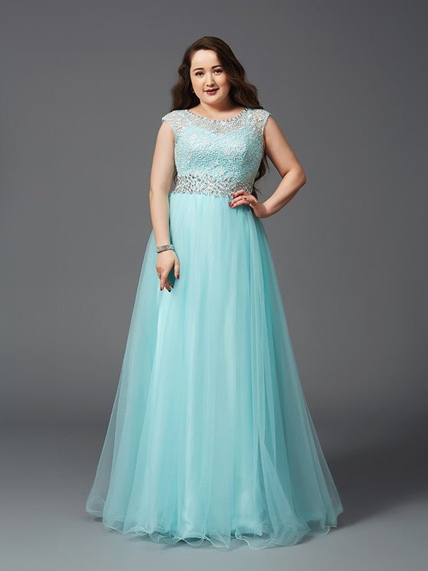 NumberSea - A - Line/Princess Scoop Rhinestone Sleeveless Long Tulle Plus Size Dresses