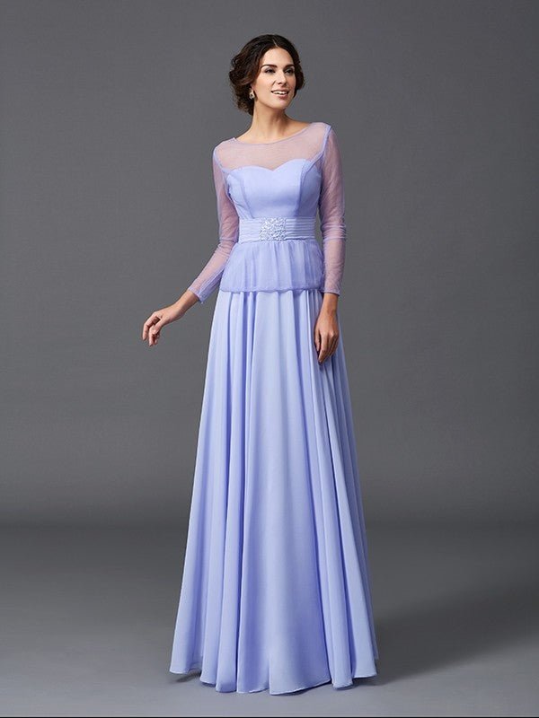 NumberSea - A - Line/Princess Scoop Ruffles Long Sleeves Long Chiffon Mother of the Bride Dresses