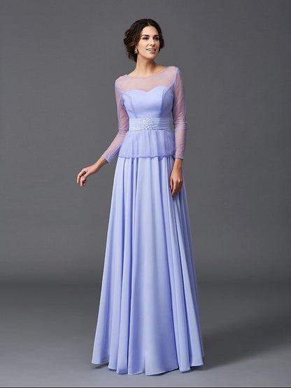 NumberSea - A - Line/Princess Scoop Ruffles Long Sleeves Long Chiffon Mother of the Bride Dresses