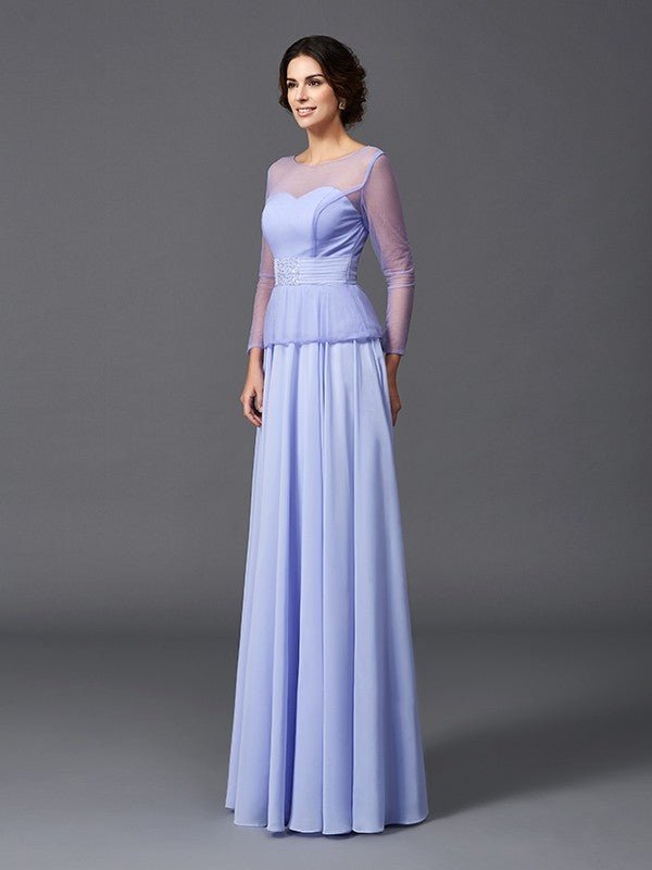 NumberSea - A - Line/Princess Scoop Ruffles Long Sleeves Long Chiffon Mother of the Bride Dresses