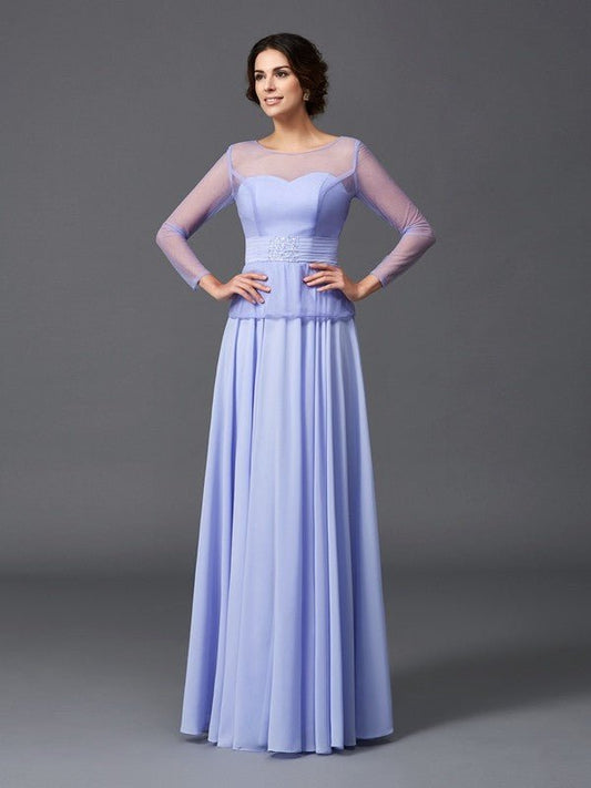 NumberSea - A - Line/Princess Scoop Ruffles Long Sleeves Long Chiffon Mother of the Bride Dresses