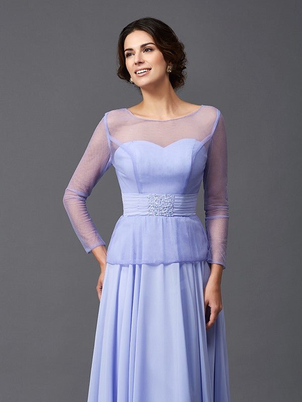 NumberSea - A - Line/Princess Scoop Ruffles Long Sleeves Long Chiffon Mother of the Bride Dresses