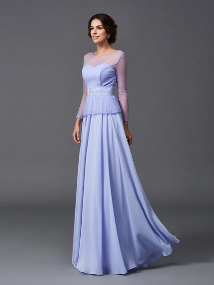 NumberSea - A - Line/Princess Scoop Ruffles Long Sleeves Long Chiffon Mother of the Bride Dresses