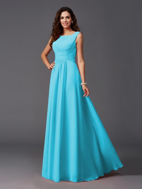 NumberSea - A - Line/Princess Scoop Ruffles Sleeveless Long Chiffon Bridesmaid Dresses