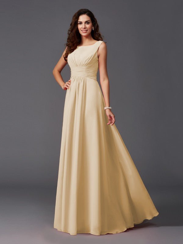 NumberSea - A - Line/Princess Scoop Ruffles Sleeveless Long Chiffon Bridesmaid Dresses