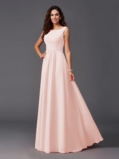 NumberSea - A - Line/Princess Scoop Ruffles Sleeveless Long Chiffon Bridesmaid Dresses