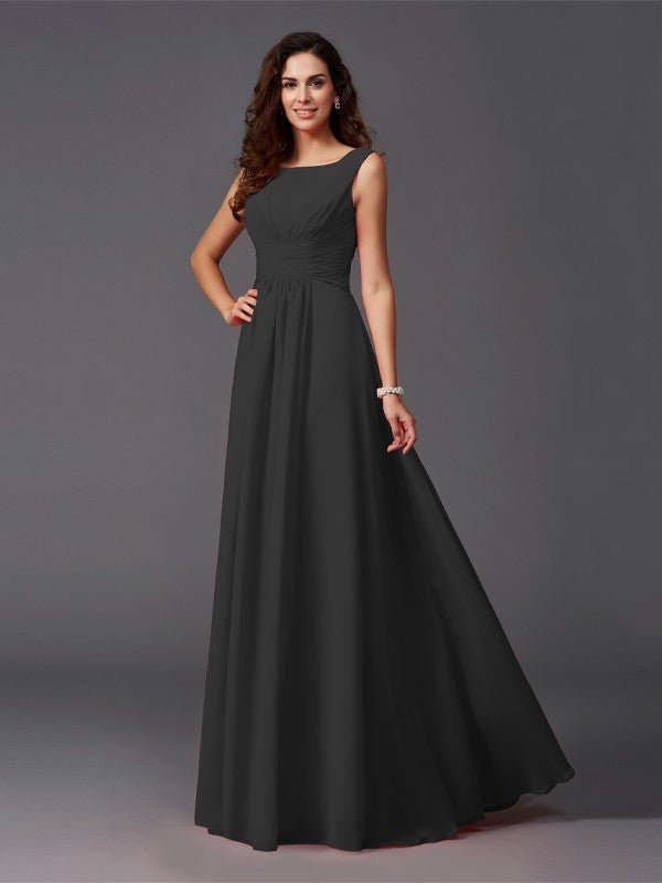 NumberSea - A - Line/Princess Scoop Ruffles Sleeveless Long Chiffon Bridesmaid Dresses