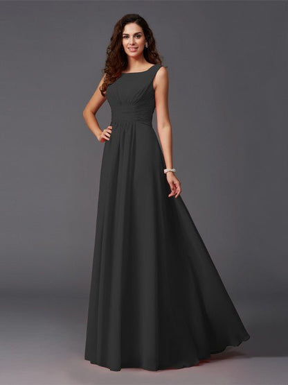 NumberSea - A - Line/Princess Scoop Ruffles Sleeveless Long Chiffon Bridesmaid Dresses