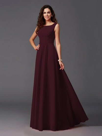 NumberSea - A - Line/Princess Scoop Ruffles Sleeveless Long Chiffon Bridesmaid Dresses