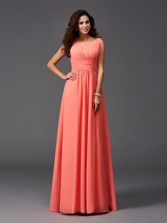 NumberSea - A - Line/Princess Scoop Ruffles Sleeveless Long Chiffon Bridesmaid Dresses