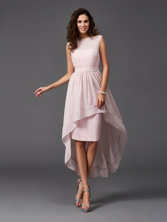 NumberSea - A - Line/Princess Scoop Sash/Ribbon/Belt Sleeveless High Low Chiffon Bridesmaid Dresses