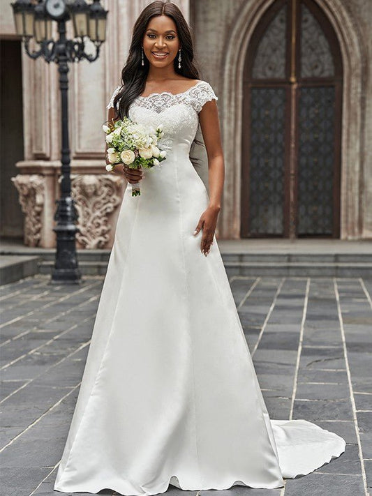 NumberSea - A - Line/Princess Scoop Satin Lace Sleeveless Chapel Train Wedding Dresses