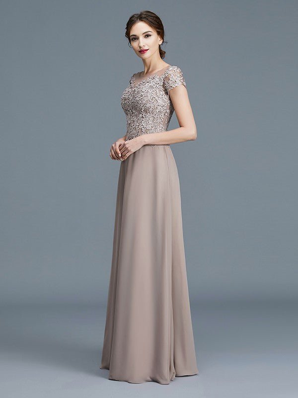 NumberSea - A - Line/Princess Scoop Short Sleeves Applique Floor - Length Chiffon Mother of the Bride Dresses