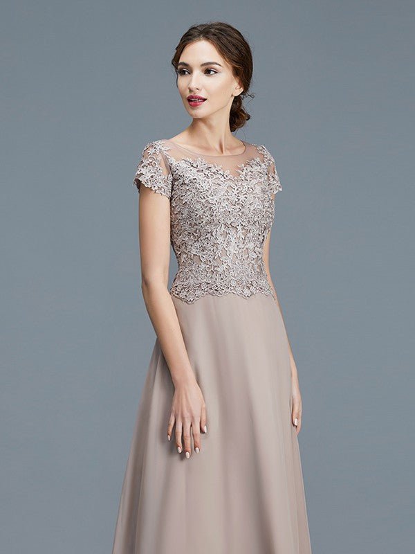 NumberSea - A - Line/Princess Scoop Short Sleeves Applique Floor - Length Chiffon Mother of the Bride Dresses