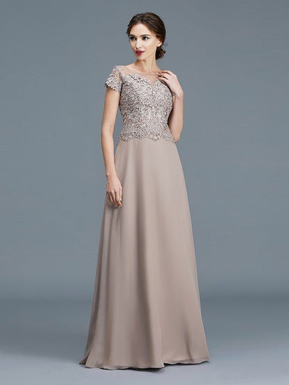 NumberSea - A - Line/Princess Scoop Short Sleeves Applique Floor - Length Chiffon Mother of the Bride Dresses