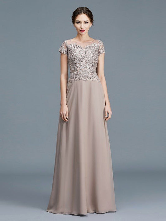 NumberSea - A - Line/Princess Scoop Short Sleeves Applique Floor - Length Chiffon Mother of the Bride Dresses