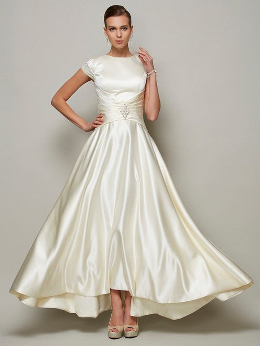 NumberSea - A - Line/Princess Scoop Short Sleeves Beading Long Satin Mother of the Bride Dresses