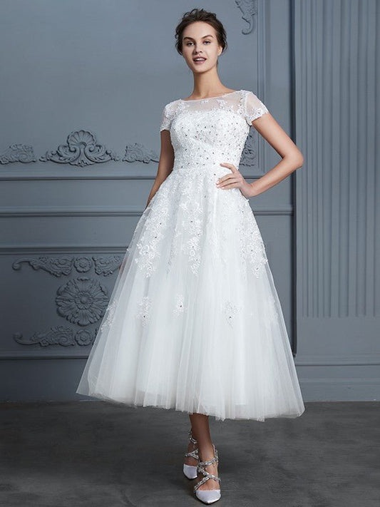 NumberSea - A - Line/Princess Scoop Short Sleeves Tea - Length Beading Tulle Wedding Dresses