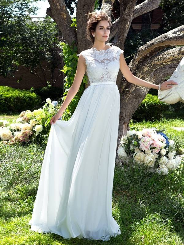 NumberSea - A - Line/Princess Scoop Sleeveless Applique Long Chiffon Dresses