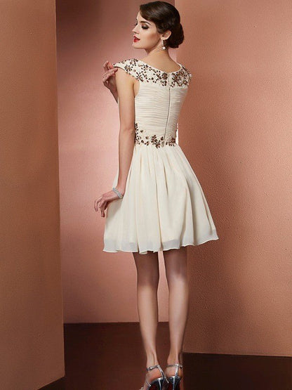 NumberSea - A - Line/Princess Scoop Sleeveless Beading Applique Short Chiffon Bridesmaid Dresses