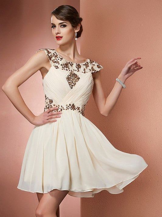 NumberSea - A - Line/Princess Scoop Sleeveless Beading Applique Short Chiffon Bridesmaid Dresses