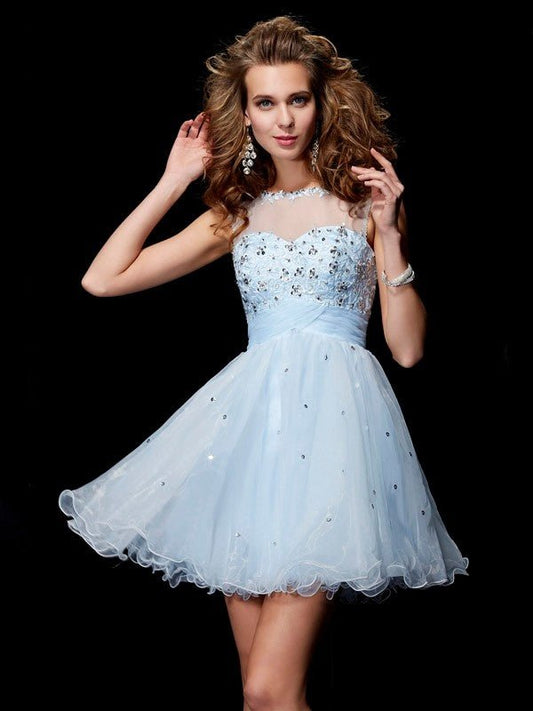 NumberSea - A - Line/Princess Scoop Sleeveless Beading Short Elastic Woven Satin Homecoming Dresses