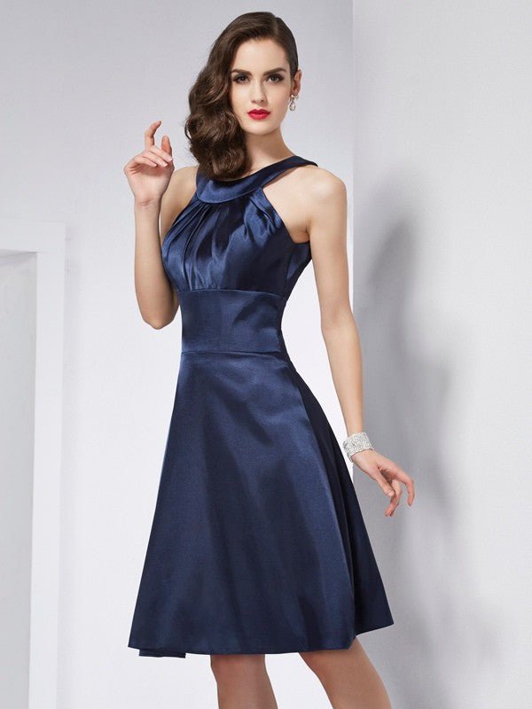 NumberSea - A - Line/Princess Scoop Sleeveless Pleats Short Elastic Woven Satin Bridesmaid Dresses