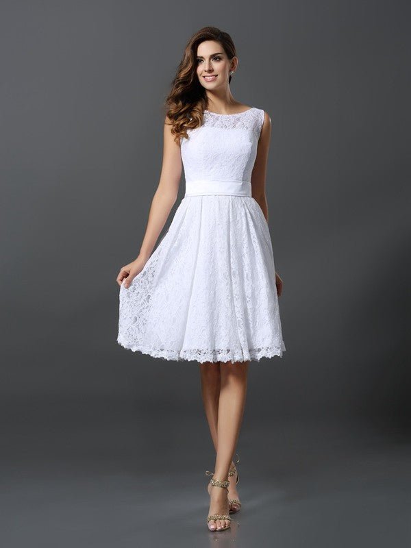 NumberSea - A - Line/Princess Scoop Sleeveless Short Lace Bridesmaid Dresses