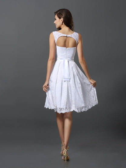 NumberSea - A - Line/Princess Scoop Sleeveless Short Lace Bridesmaid Dresses